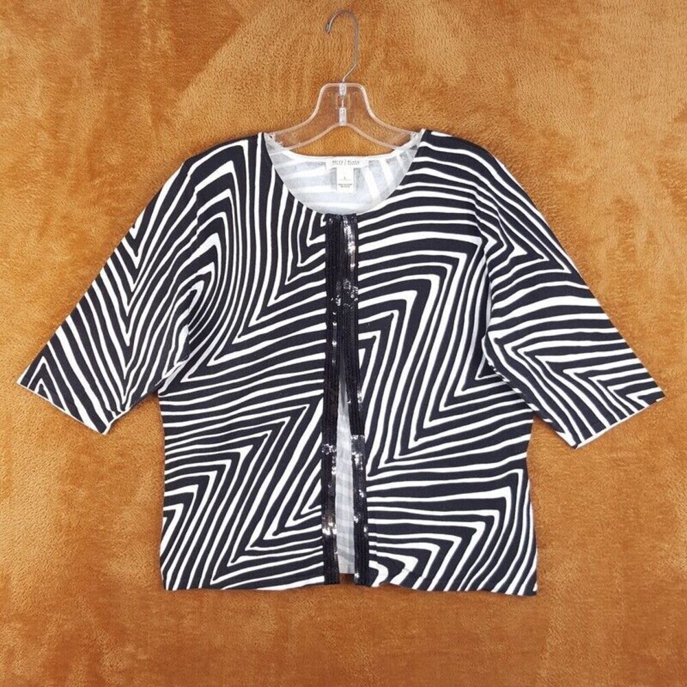 WHITE HOUSE BLACK MARKET Womens Sweater Large Black White Cardigan Stripe Sequin